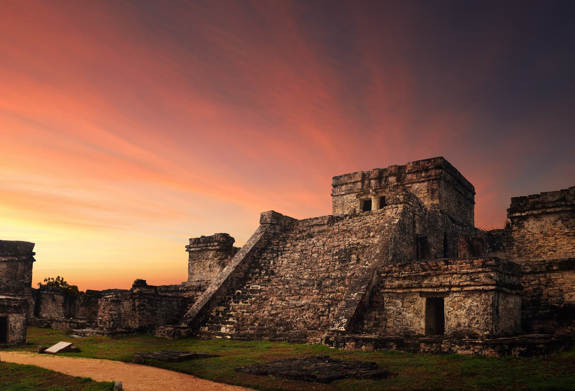 Castillo fortress at sunset in the ancient Mayan city of Tulum.
